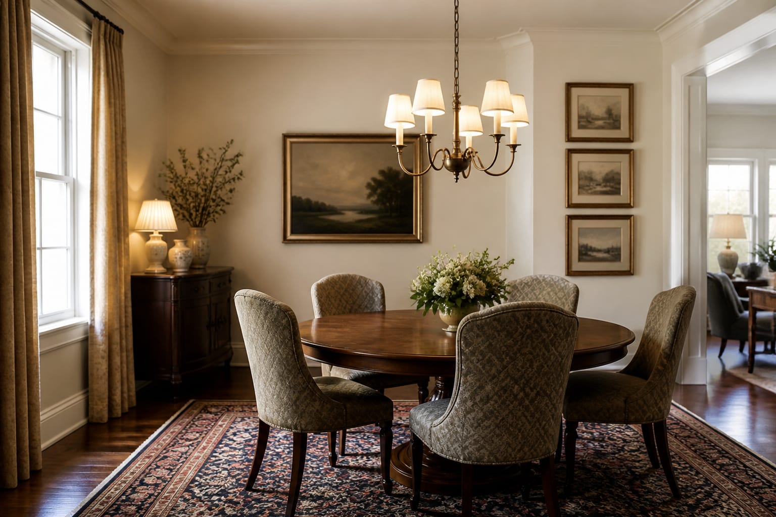 traditional dining room with round wood table, upholstered chairs, patterned rug, shaded chandelier, and framed art