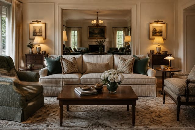 traditional living room with paired lamps, tailored sofa, wood tables, patterned rug, and warm classic symmetry