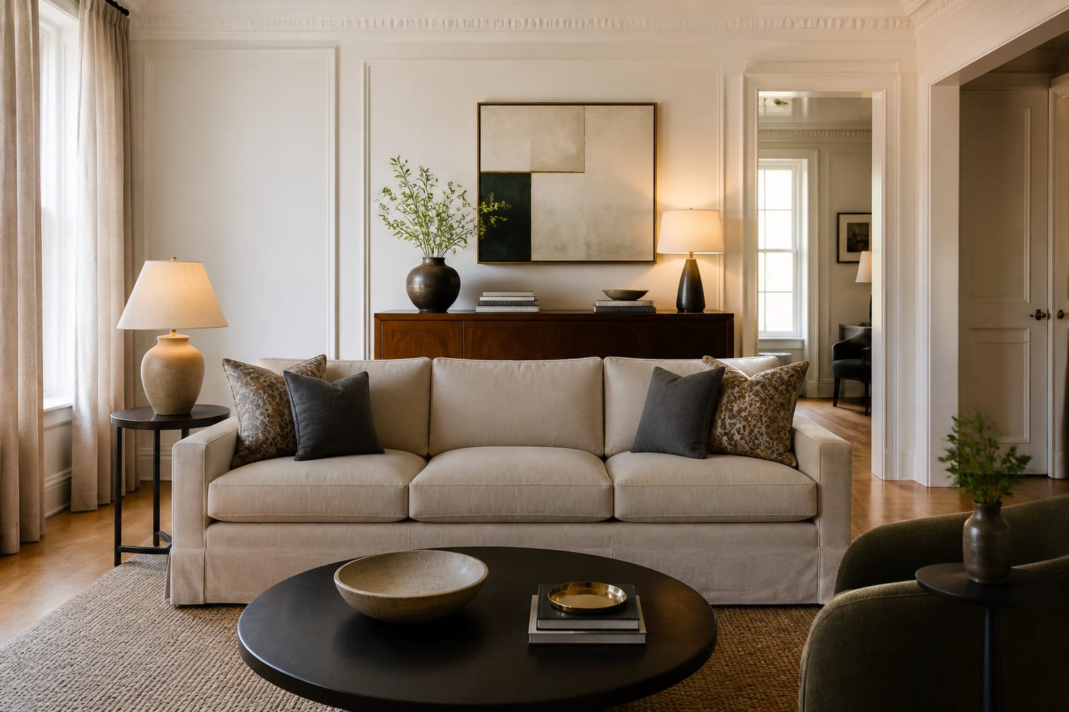 transitional living room with tailored sofa, warm wood cabinet, shaded lamps, classic trim, and restrained modern artwork