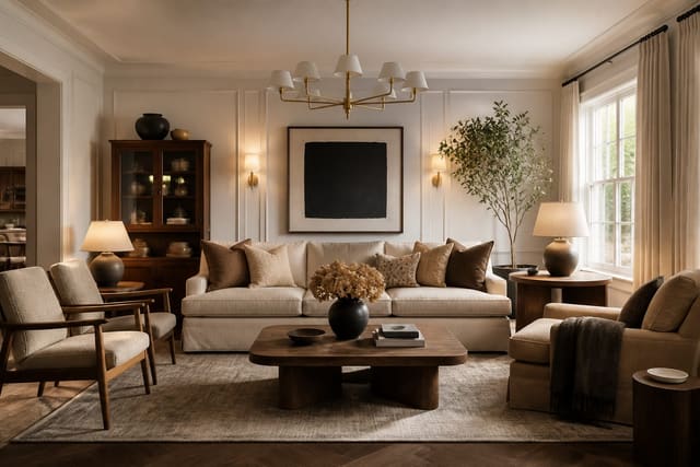 transitional living room with tailored sofa, warm wood cabinet, shaded lamps, classic trim, and restrained modern artwork