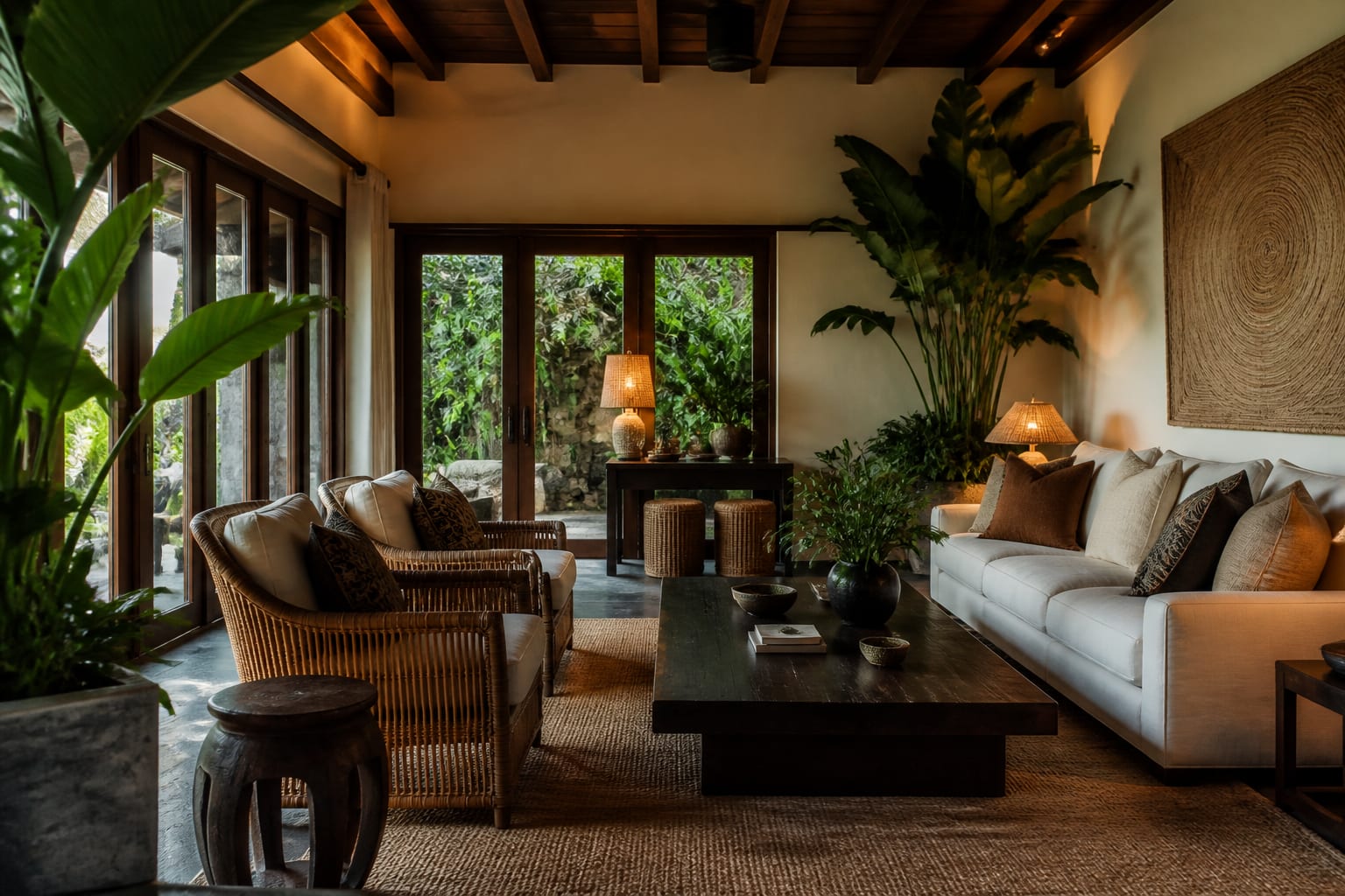 layered tropical living room with large plants, rattan chairs, linen sofa, dark wood table, and warm filtered daylight