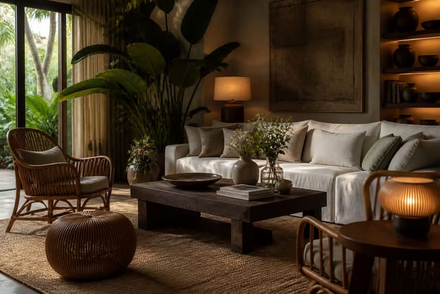 layered tropical living room with large plants, rattan chairs, linen sofa, dark wood table, and warm filtered daylight
