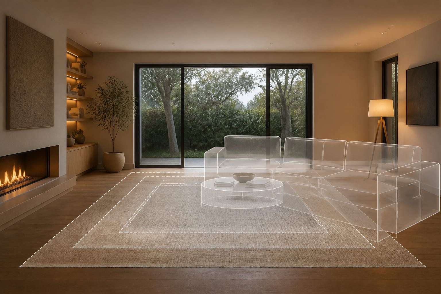 living room photo with translucent sofa and rug placement options previewed over the existing floor and windows