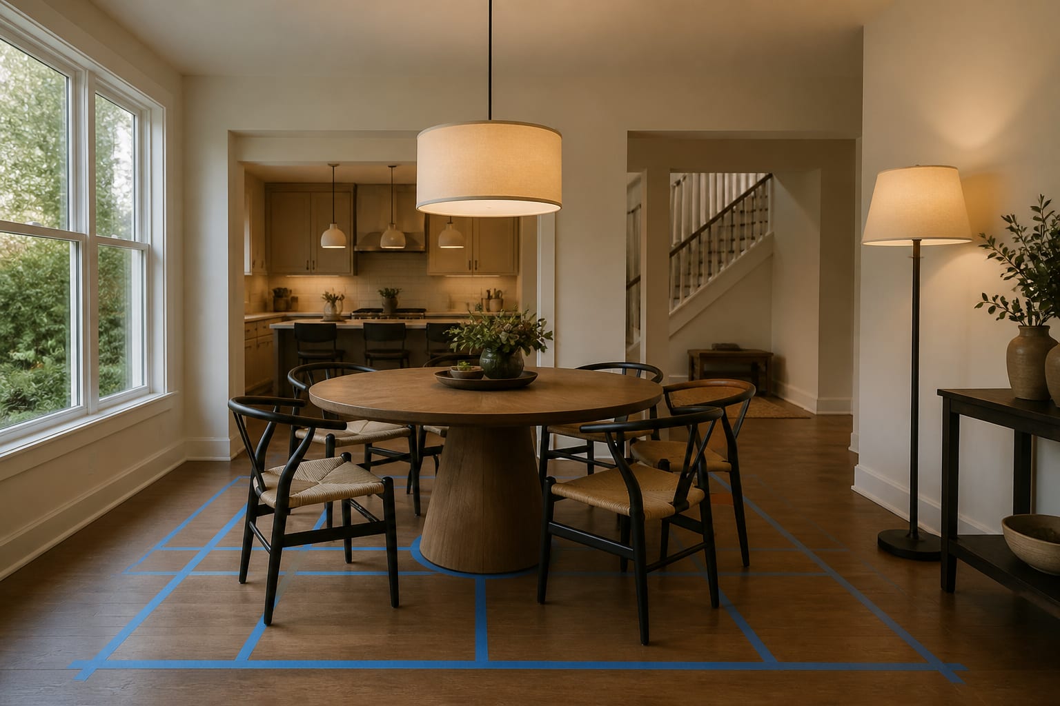 dining area with taped chair clearance, round table options, and warm lamp placement checked before purchase