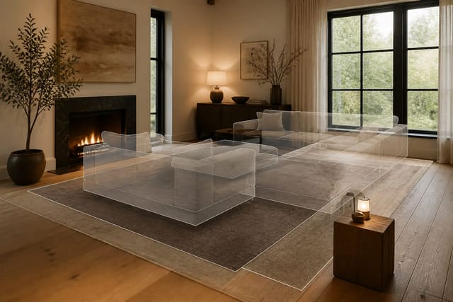 living room photo with translucent sofa and rug placement options previewed over the existing floor and windows