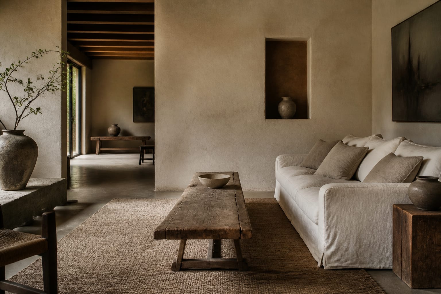 wabi-sabi living room with worn wood bench, linen sofa, uneven ceramics, soft shadow, and warm plaster walls