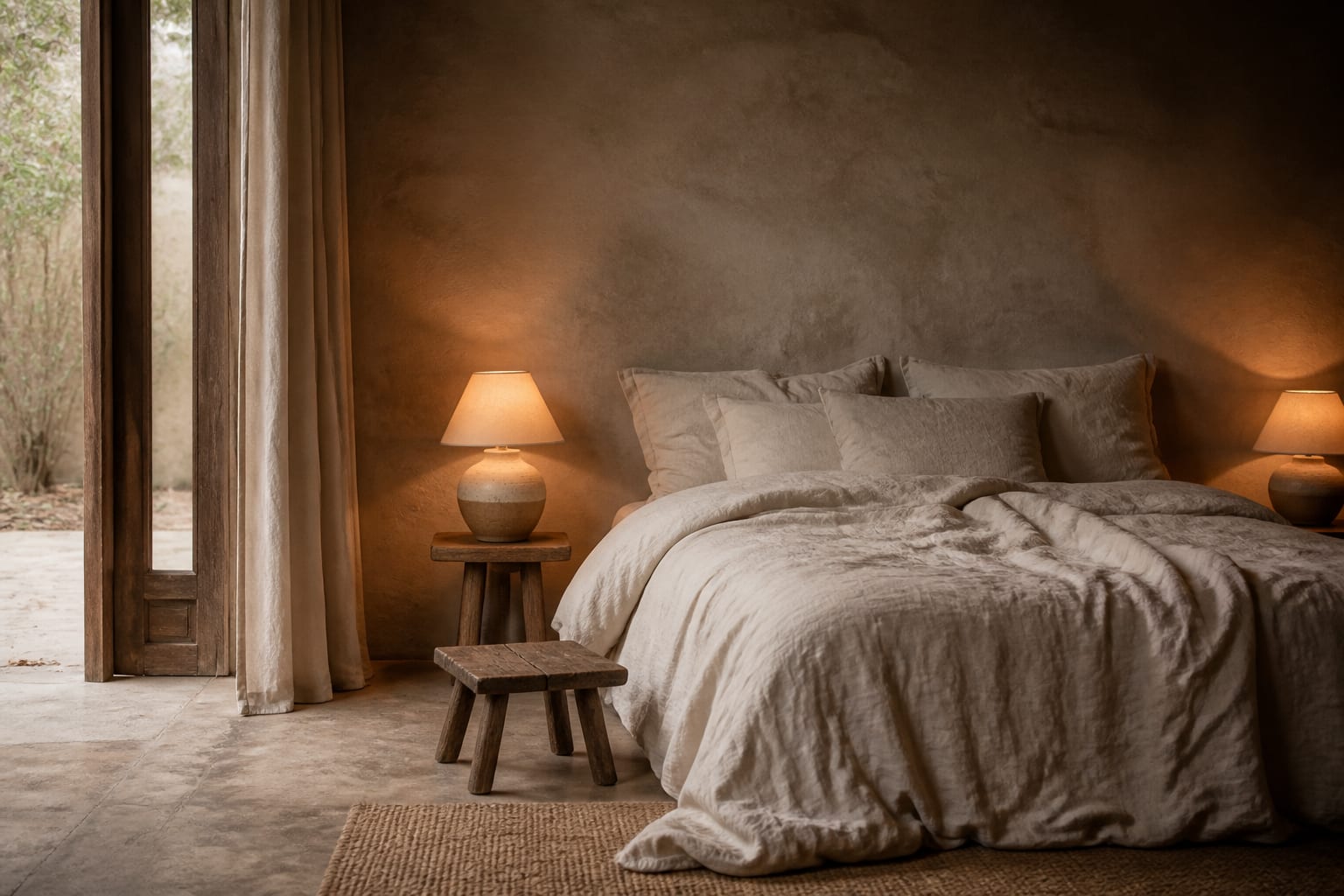 wabi-sabi bedroom with wrinkled linen bedding, low wood stool, matte plaster wall, and asymmetrical ceramic lamps