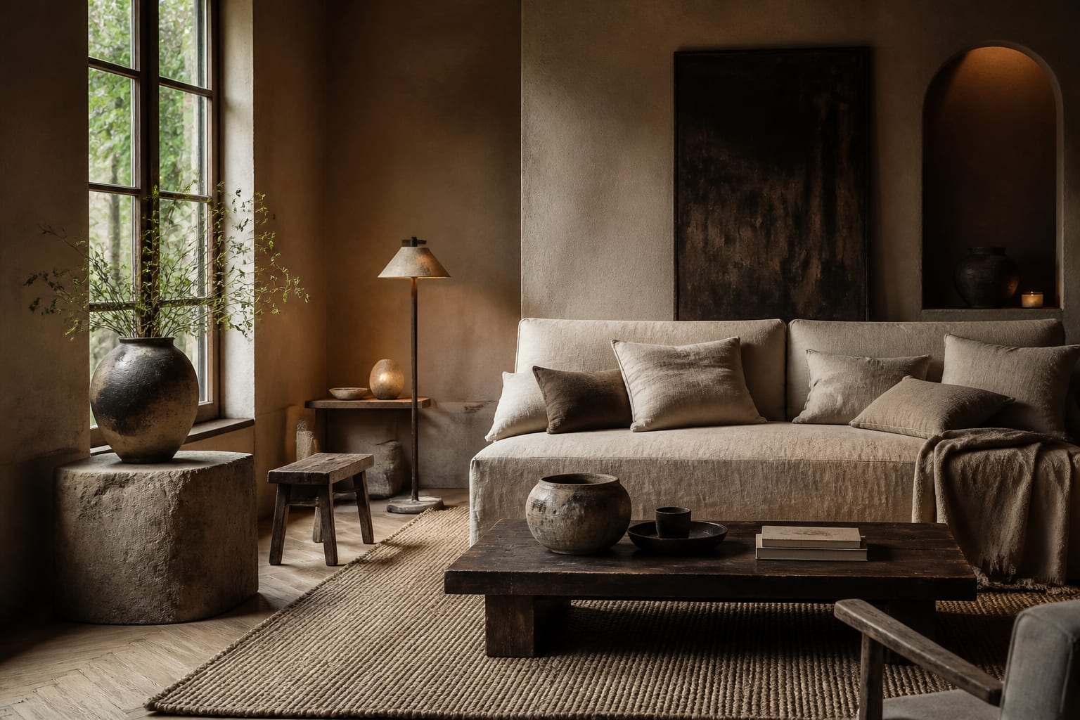 wabi-sabi living room with worn wood bench, linen sofa, uneven ceramics, soft shadow, and warm plaster walls