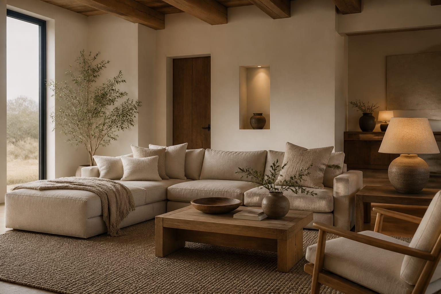 warm minimalist living room with oak furniture, linen upholstery, textured rug, and soft shaded lamps in a calm neutral palette