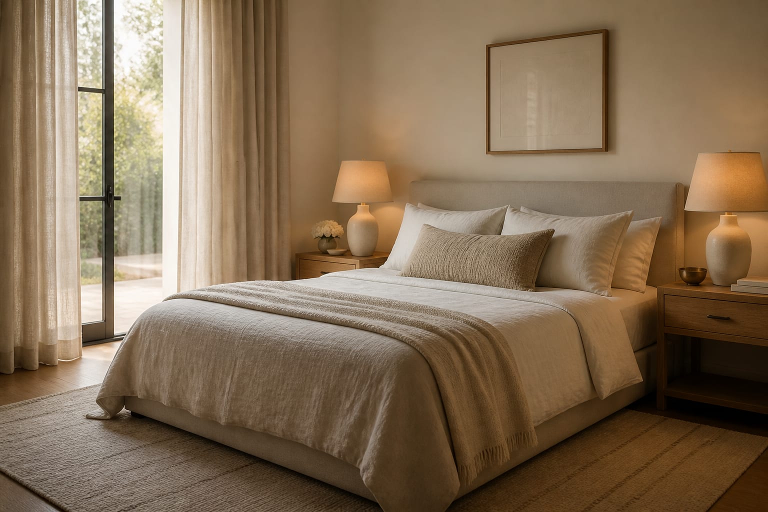 warm minimalist bedroom with oak nightstands, linen bedding, full length curtains, and soft ceramic lamps
