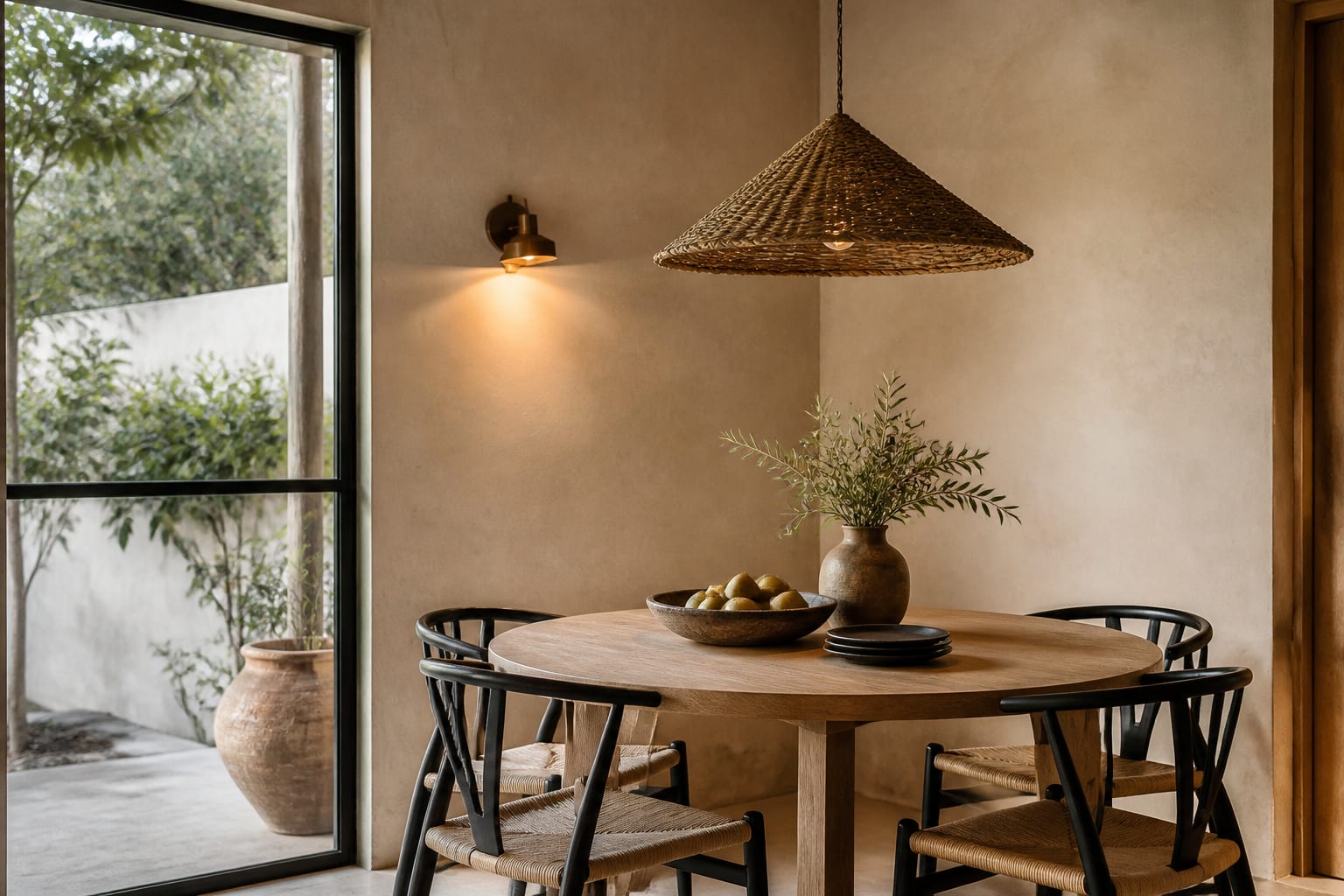 warm minimalist dining nook with round oak table, woven shade, plaster look wall, and quiet bronze lighting