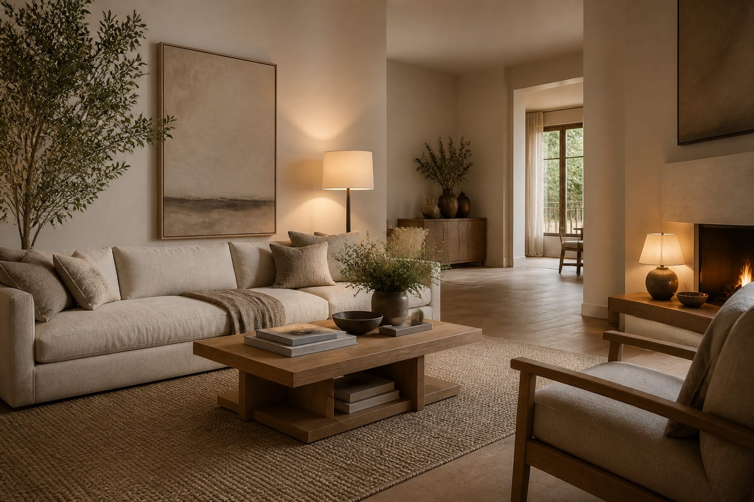 warm minimalist living room with oak furniture, linen upholstery, textured rug, and soft shaded lamps in a calm neutral palette