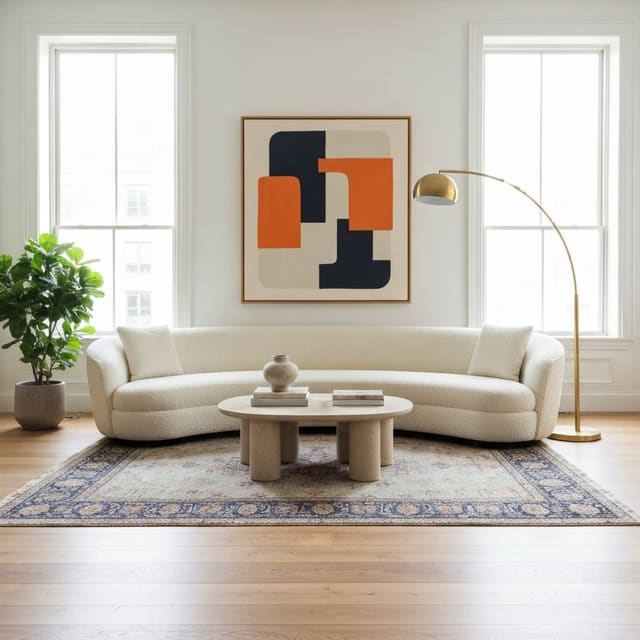 A photo-ready Airbnb living room with statement art and layered textures