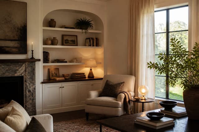 Alcove Design Ideas: Built-Ins, Shelving, and Reading Nooks for Recesses, shown as warm editorial Re-Design photography of a living room alcove turned into built-in shelves with a reading chair, warm lamp, and balanced negative space at believable residential scale, no overlaid text, no watermark