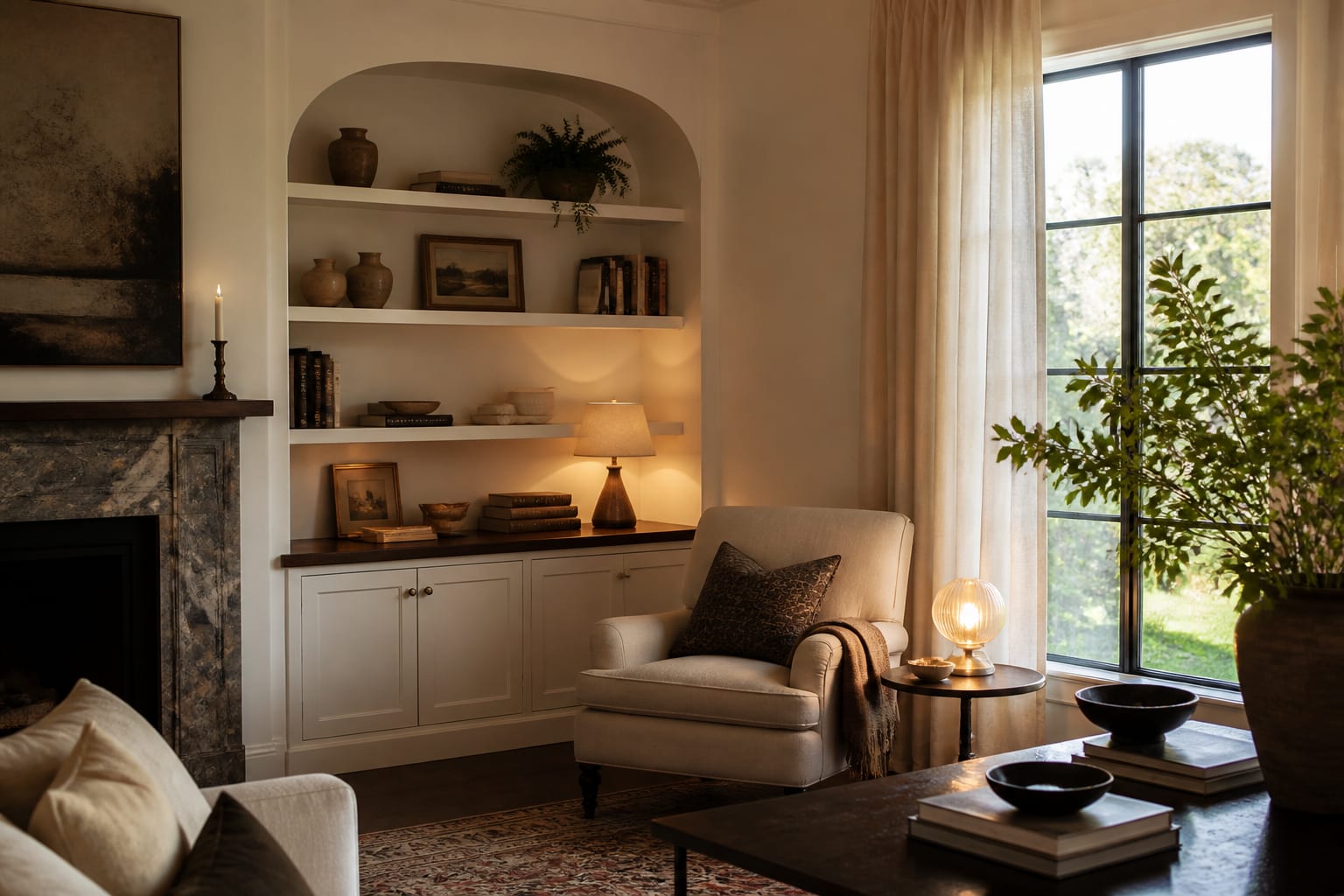 Alcove Design Ideas: Built-Ins, Shelving, and Reading Nooks for Recesses, shown as warm editorial Re-Design photography of a living room alcove turned into built-in shelves with a reading chair, warm lamp, and balanced negative space at believable residential scale, no overlaid text, no watermark