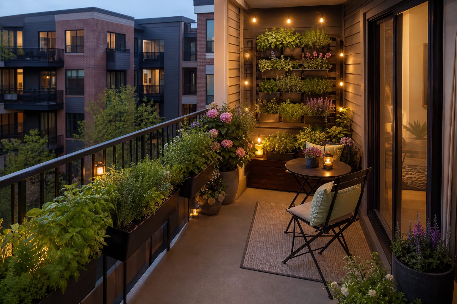 Same apartment balcony with container herbs, flowers, compact vegetables, a bistro chair, and organized railing planters.