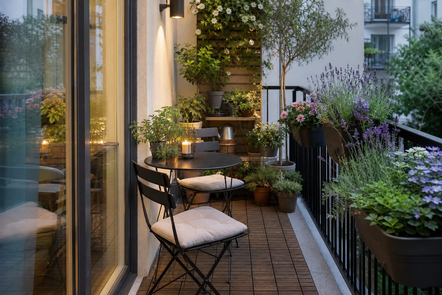 Compact apartment balcony with layered planters, herbs, flowers, a slim bistro table, and clear walking space by the door
