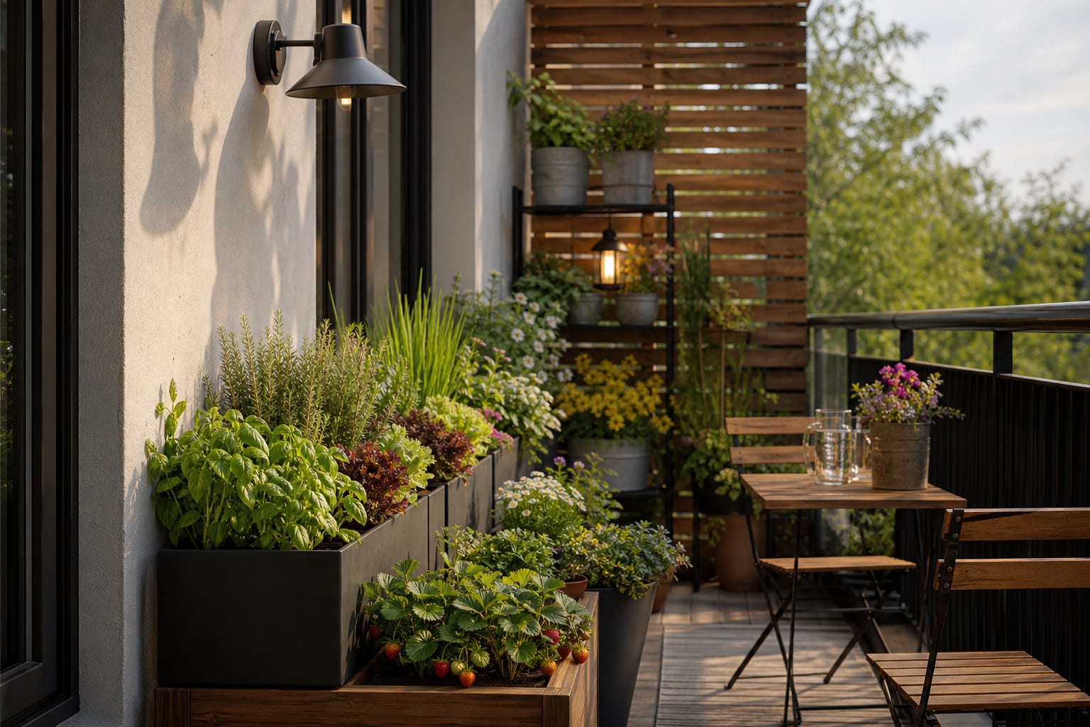 Balcony container garden with edible herbs, leafy greens, strawberries, and flowers arranged along one sunny wall