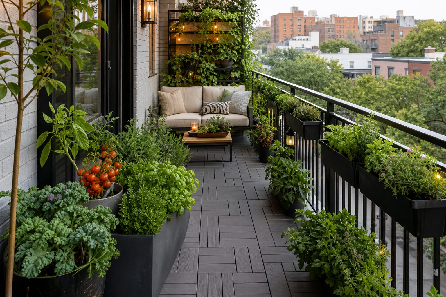 AI preview of a balcony garden layout with clear walking space, railing herbs, edible containers, and a compact seating area