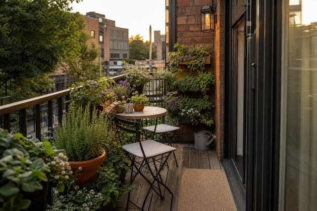 Compact apartment balcony with layered planters, herbs, flowers, a slim bistro table, and clear walking space by the door