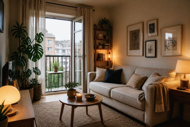 Editorial interior photograph showing apartment living room ideas for small rented spaces in a real living room, with warm residential materials, layered lighting, functional furniture placement, and a magazine-quality composition.