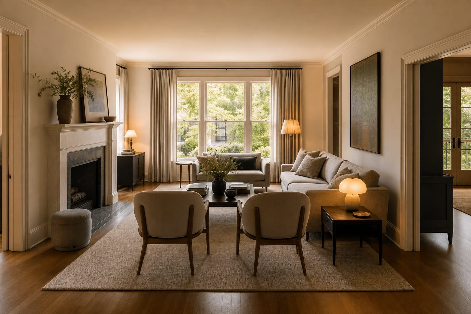 living room with a correctly scaled neutral rug under sofa and chairs, leaving even floor borders and clear door paths