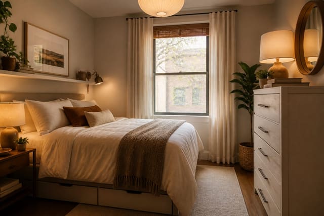 How to Arrange a Small Bedroom With a Lot of Furniture, shown as warm editorial Re-Design photography of a small bedroom arranged with tight clearances, under-bed storage, a slim dresser, and a balanced bed wall at believable residential scale, no overlaid text, no watermark