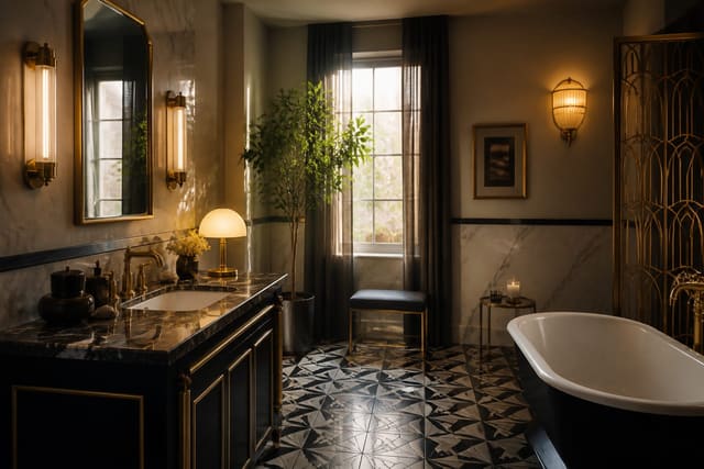 Art Deco Bathroom Ideas That Bring Jazz-Age Glamour Home shown as a finished Re-Design editorial room concept