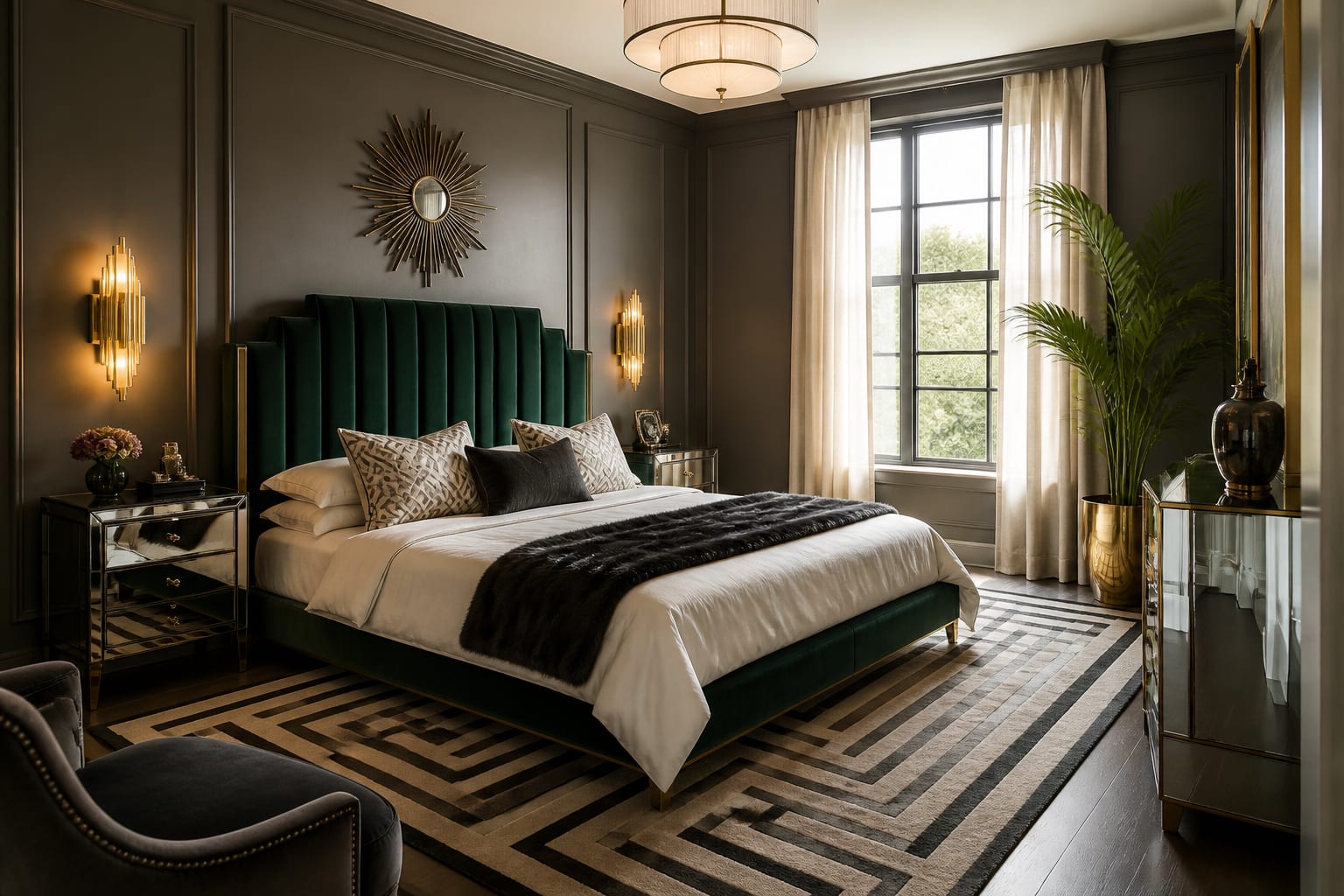 art deco bedroom with emerald velvet headboard, brass sconces, geometric rug, and mirrored nightstands