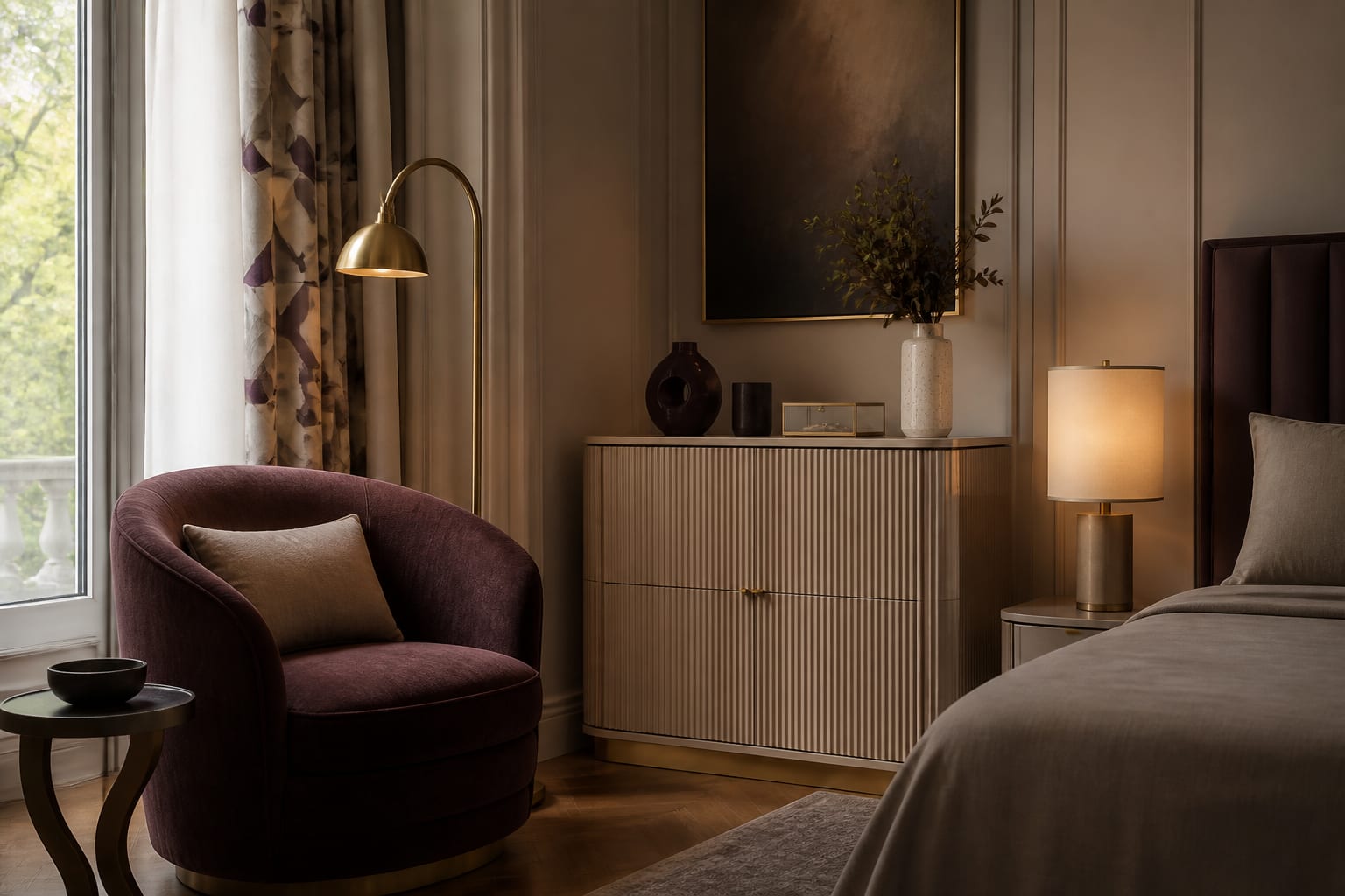 art deco bedroom corner with curved velvet chair, brass floor lamp, fluted cabinet, and geometric curtains