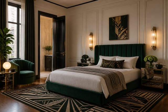 art deco bedroom with emerald velvet headboard, brass sconces, geometric rug, and mirrored nightstands