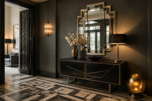 Editorial interior photograph showing an art deco entryway with geometric mirror, console table, brass detail, patterned floor, and dramatic lighting.