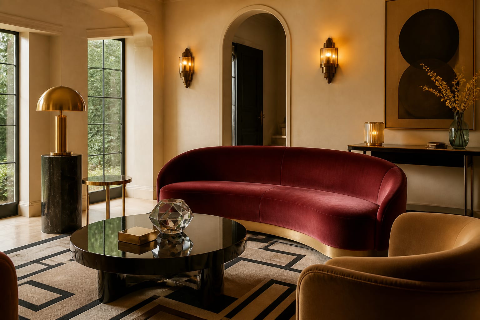 Art Deco living room with curved velvet sofa, brass sconces, black lacquer table, geometric rug, and warm cream walls