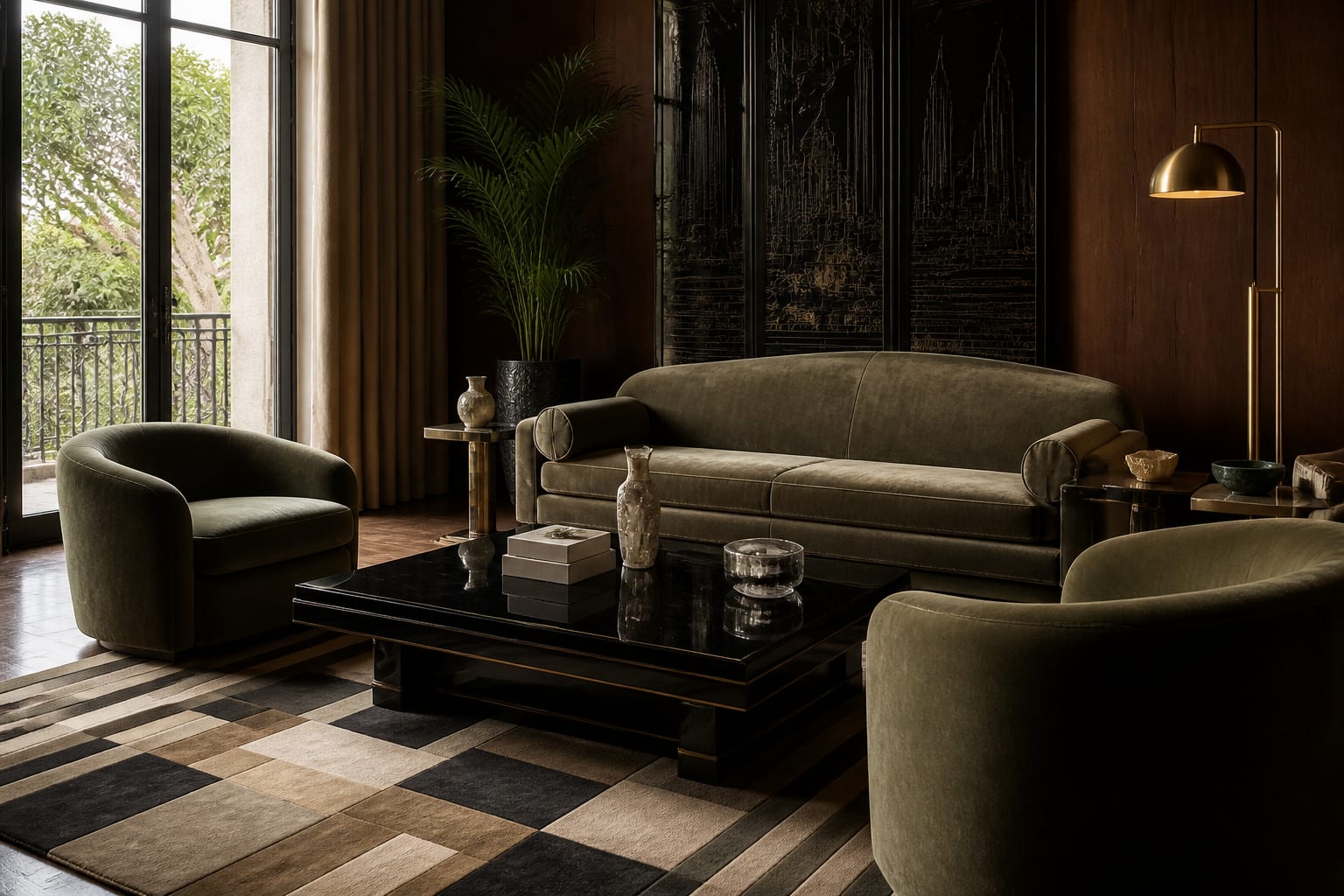 Art Deco seating group with geometric rug, rounded chairs, brass floor lamp, and black lacquer coffee table