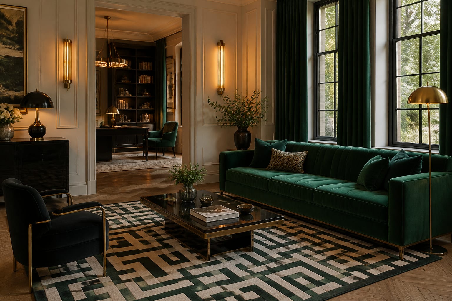 AI preview of an Art Deco living room testing emerald velvet, brass lighting, geometric rug, and black accent furniture