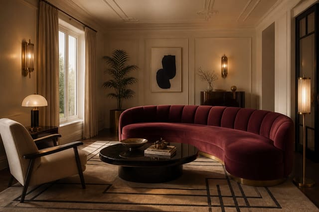 Art Deco living room with curved velvet sofa, brass sconces, black lacquer table, geometric rug, and warm cream walls