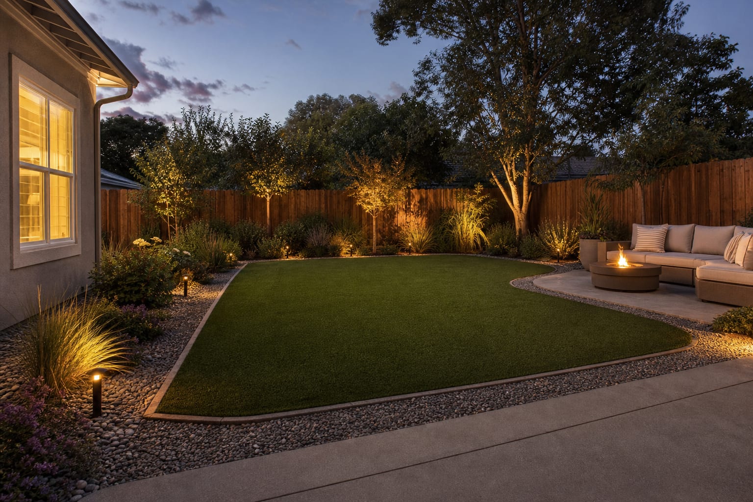 Same backyard angle with realistic synthetic turf, gravel border, shade planting, and a compact patio seating area beside the lawn.