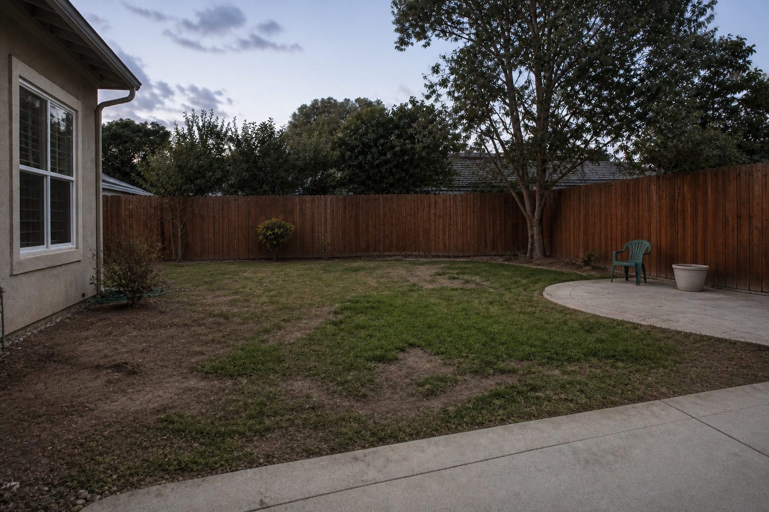 Patchy dry backyard lawn with bare soil, uneven shade, scattered toys, and no clear edge between grass and planting beds.