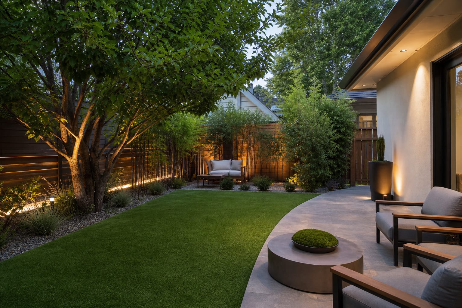 low maintenance backyard with synthetic turf panel, gravel border, shade tree, and planted edges beside a small patio
