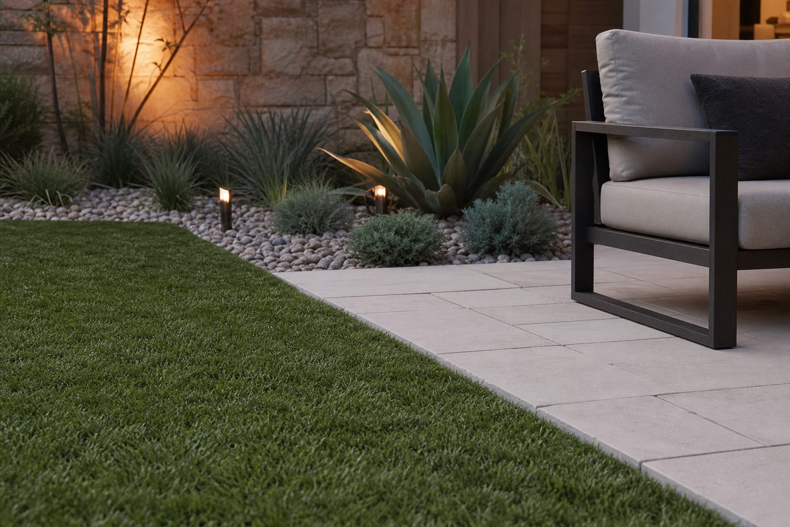 close view of synthetic turf edge meeting pale pavers, gravel drainage strip, and low drought-tolerant planting