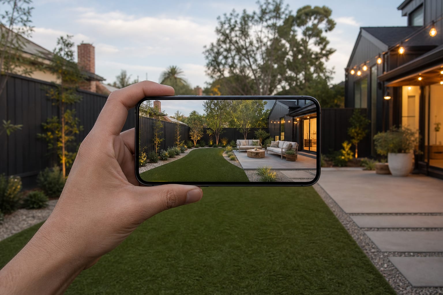 phone showing an AI backyard preview with synthetic turf, gravel border, planting, and a compact patio layout