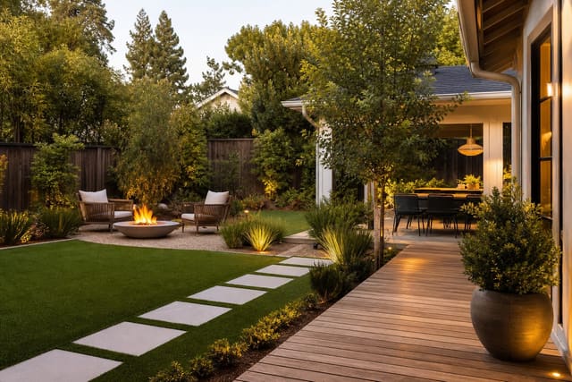 Artificial Grass Ideas: When Synthetic Turf Makes Sense shown as a photorealistic outdoor redesign with layered materials, planting, lighting, and clear circulation