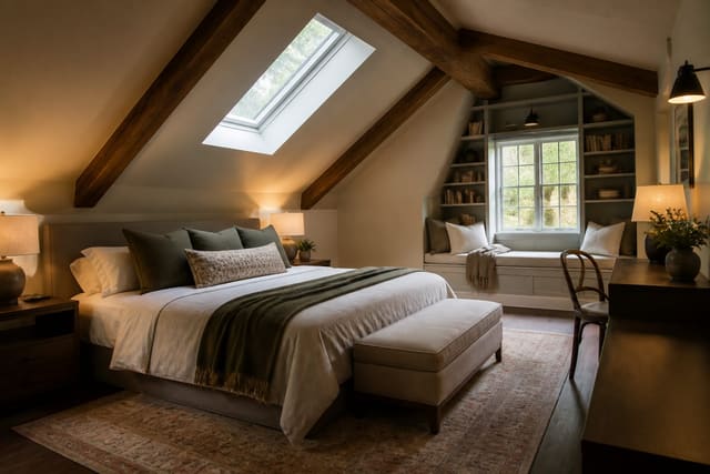 Editorial interior photograph showing attic bedroom ideas that turn a slope into an asset in a real bedroom, with warm residential materials, layered lighting, functional furniture placement, and a magazine-quality composition.