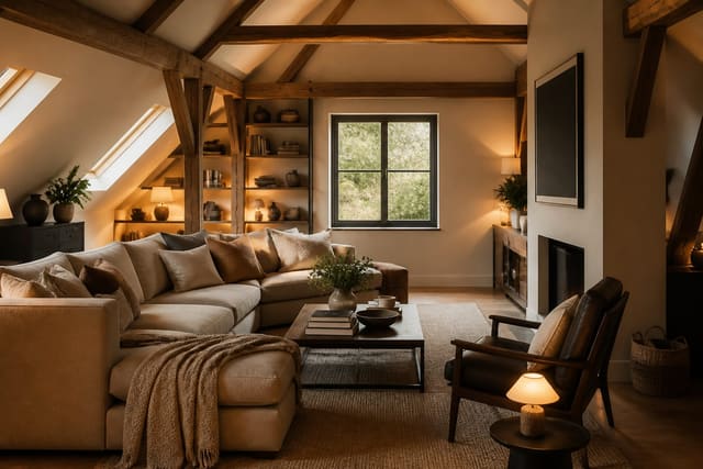 Attic Conversion Ideas in a converted attic living space, shown as a warm editorial Re-Design concept