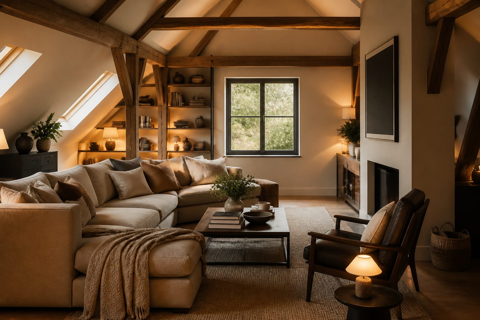 Attic Conversion Ideas in a converted attic living space, shown as a warm editorial Re-Design concept