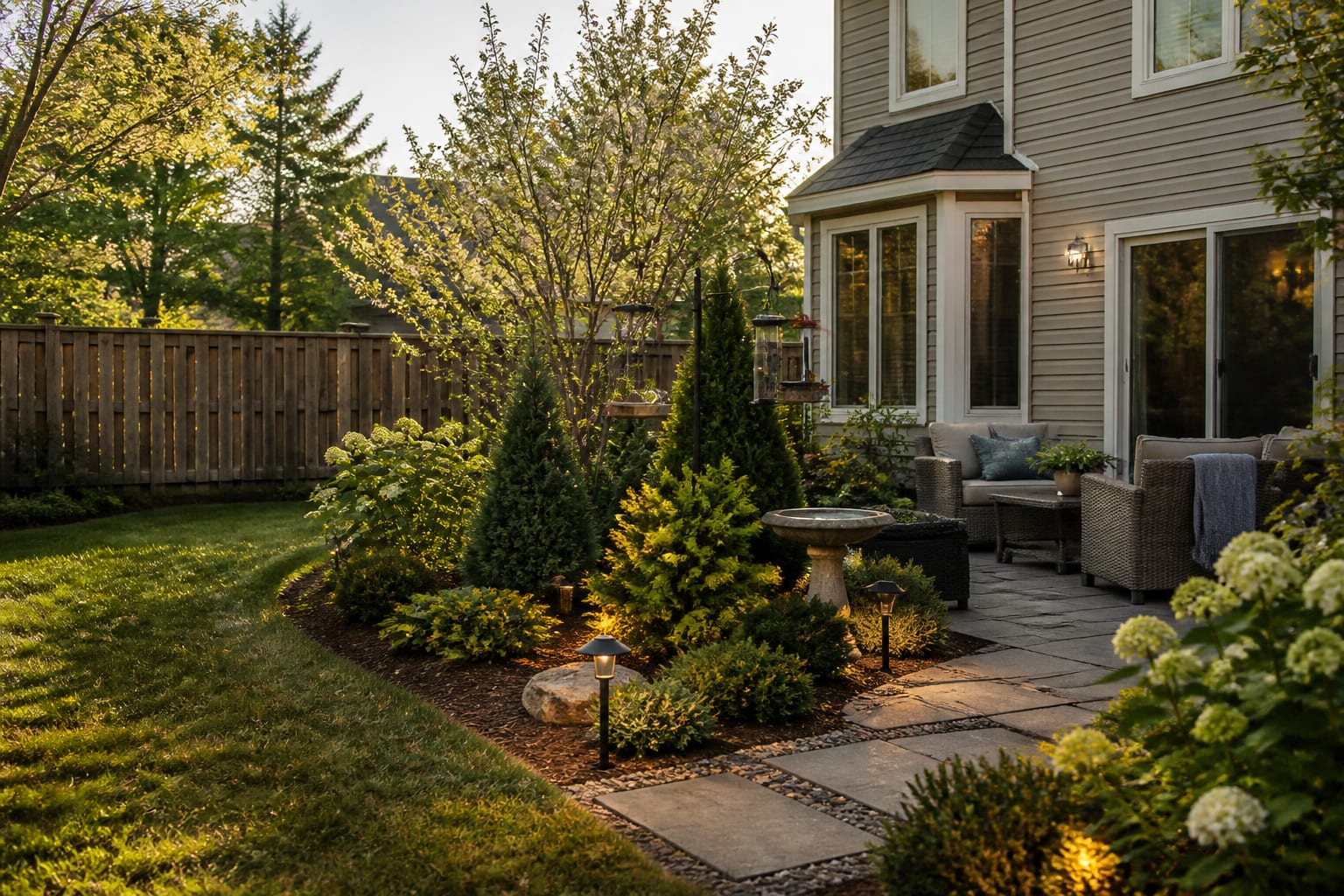 Same yard with layered native shrubs, a shallow birdbath, and sheltered feeders after redesign
