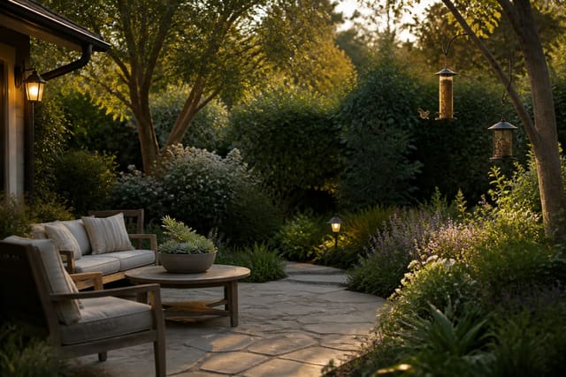 Editorial outdoor residential space illustrating how to attract birds to your garden: plants and feeders with warm natural light, realistic planting, hardscape, and furniture scale