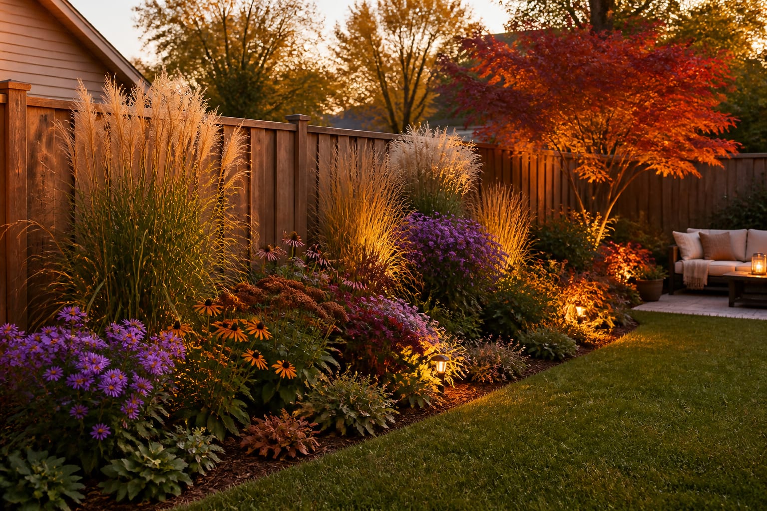 The same border replanted for autumn with grasses, asters, and a flaming Japanese maple
