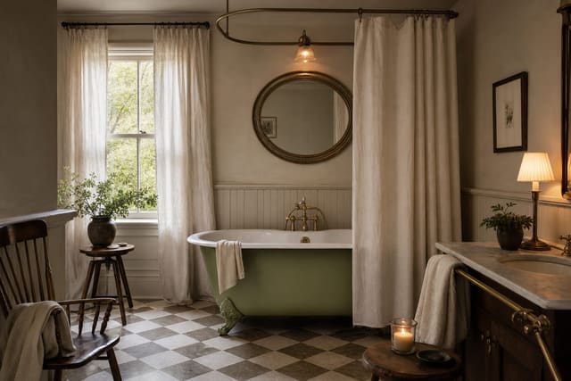 avocado green vintage bathtub with cream walls, warm brass mirror, checker floor, and soft linen shower curtain