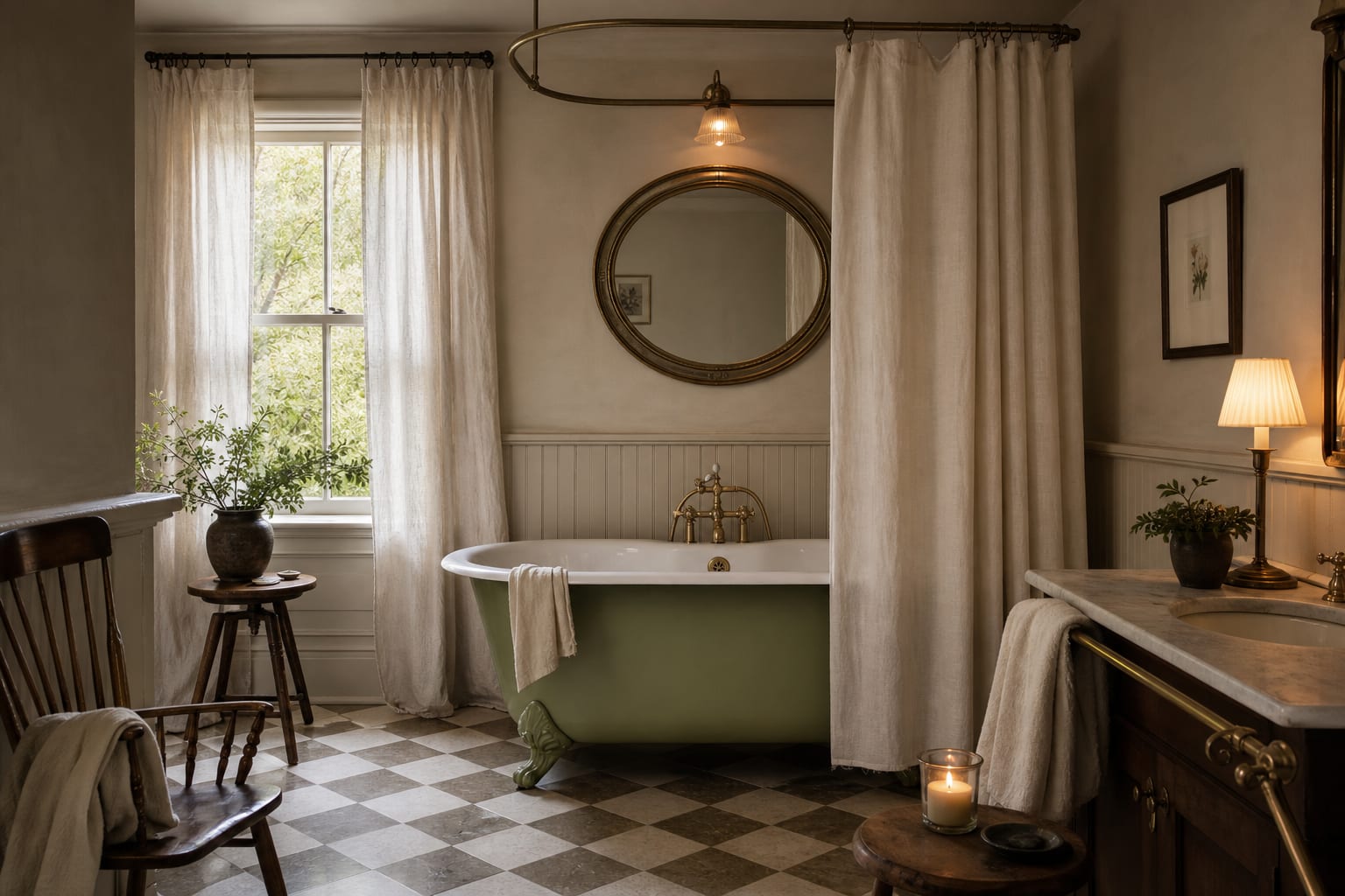 avocado green vintage bathtub with cream walls, warm brass mirror, checker floor, and soft linen shower curtain